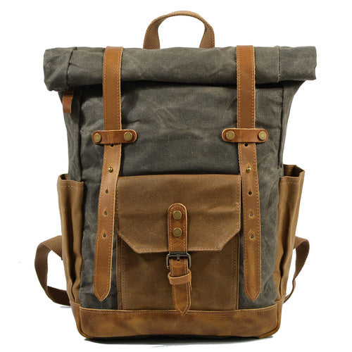 Vintage Waxed Canvas Cotton Leather Backpack With Laptop Storage Travel Bag - Army Green - Backpack - //