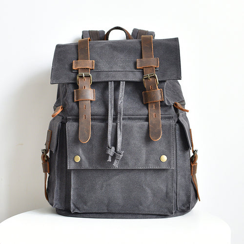 Waxed Laptop 15 6 inches Canvas Travel Backpack Rucksack Bag - Dark Gray / 34 cm X 16 cm X 43 cm - backpack - //