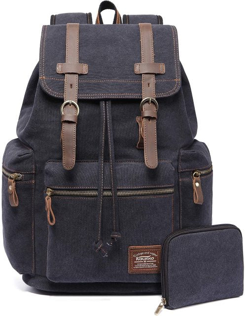 Vintage Canvas Travel Backpack With Wallet Set - black set - Backpack - //