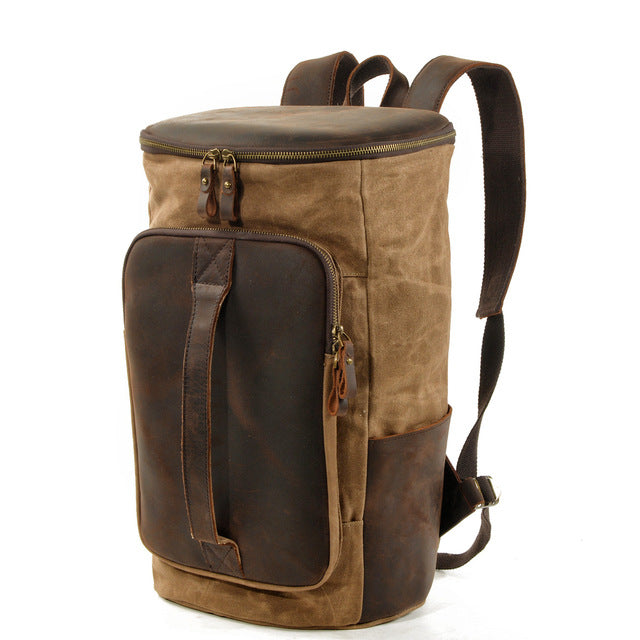 Retro Cylindrical Travel Laptop Communting Canvas Backpack Bag - Khaki - backpack - //