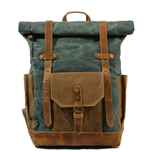 Vintage Waxed Canvas Cotton Leather Backpack With Laptop Storage Travel Bag - Lake green - Backpack - //