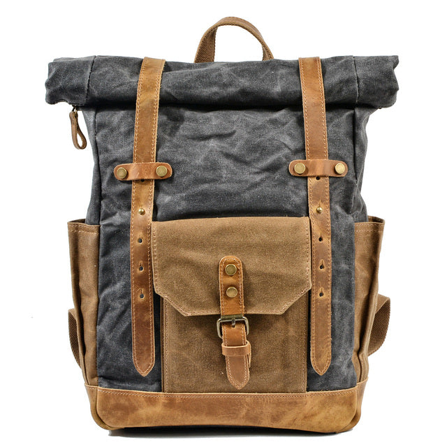 Vintage Waxed Canvas Cotton Leather Backpack With Laptop Storage Travel Bag - Gray - Backpack - //