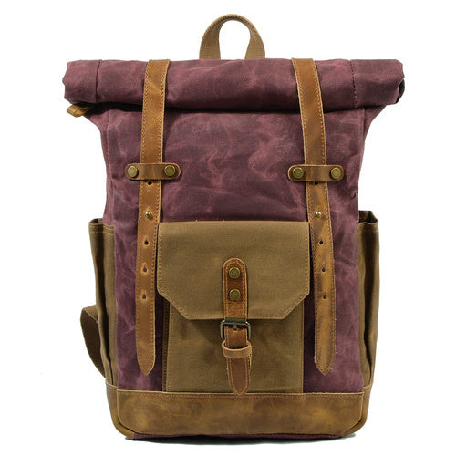 Vintage Waxed Canvas Cotton Leather Backpack With Laptop Storage Travel Bag - Hot Pink - Backpack - //