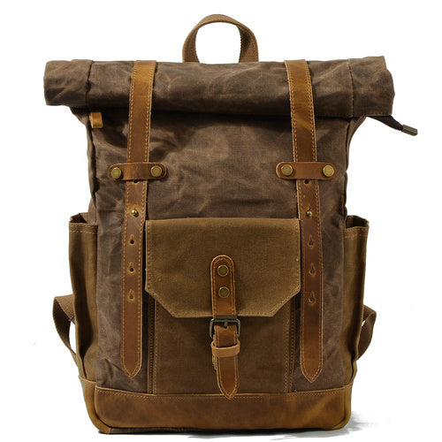 Vintage Waxed Canvas Cotton Leather Backpack With Laptop Storage Travel Bag - Dark brown - Backpack - //