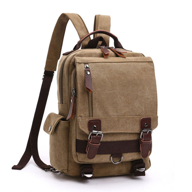 Small Canvas Shoulder Multifunctional Messenger Travel Backpack - Khaki 2 - Messenger Bag - //