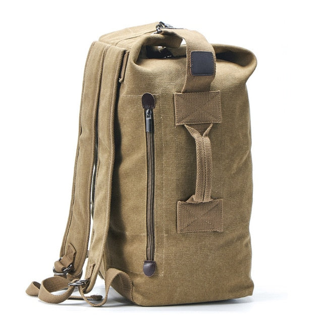 Large Capacity Duffel Rucksack + Backpack Canvas Bucket Shoulder Bag - New style Khaki / Big 30x55x20cm - Duffel Bag - //